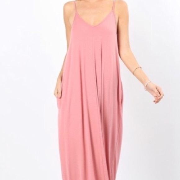 Dusty Rose pink spaghetti strap maxi dress with pockets Large L - Picture 3 of 7